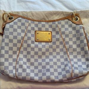 Louis Vuitton Damier Azur Shoulder Bag with Tan Trim and Gold Plate